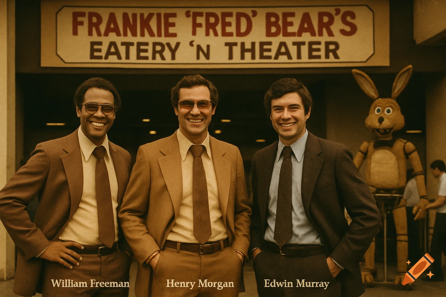 Three smiling men in 1970s suits stand in front of "Frankie 'Fred' Bear's Eatery 'n' Theater" sign. A rabbit animatronic is behind them. Names are visible below each man. Vintage photo style.