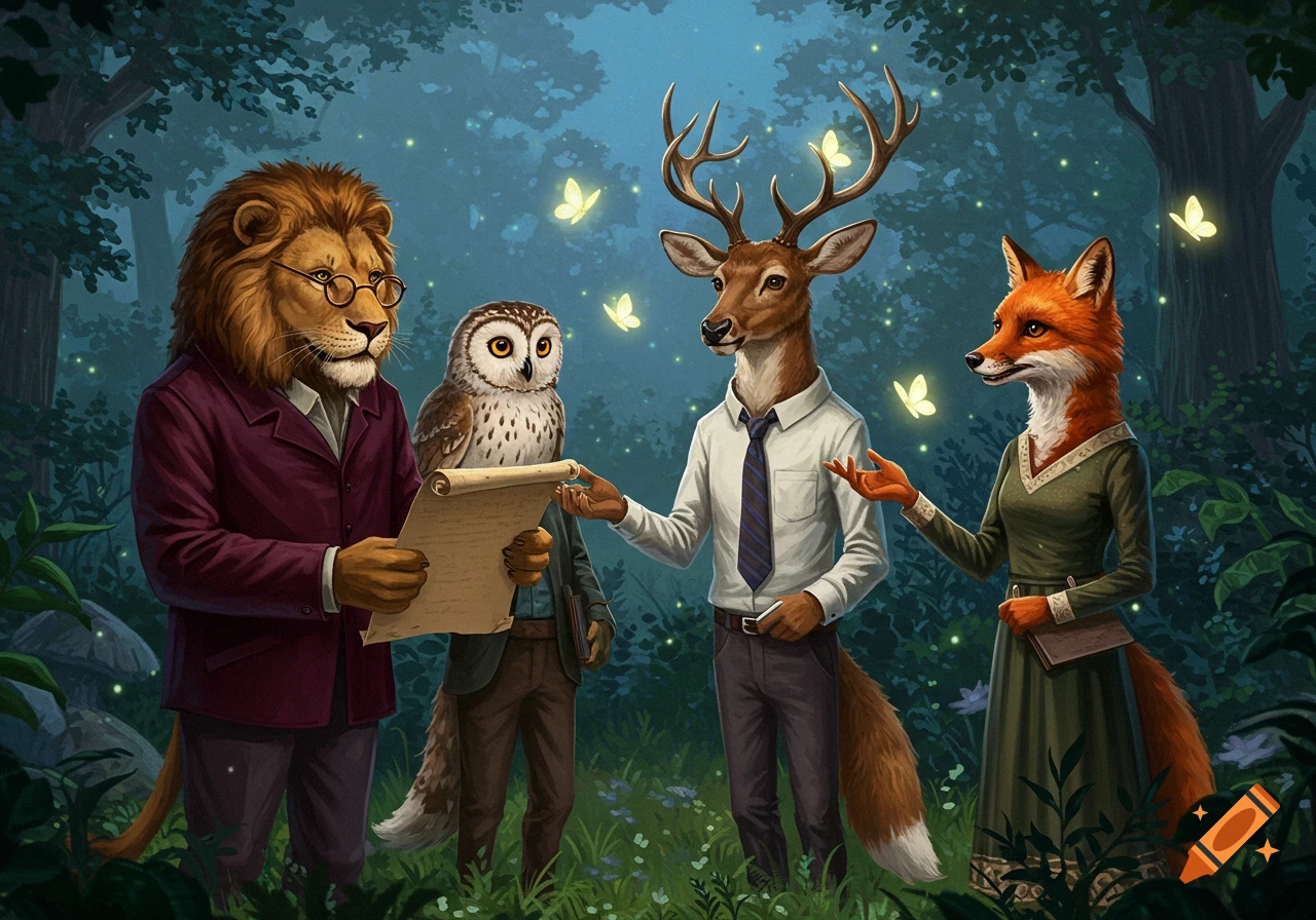 Anthropomorphic lion, owl, deer, and fox in human clothes discuss a scroll in a magical forest with glowing butterflies. Illustrated style.