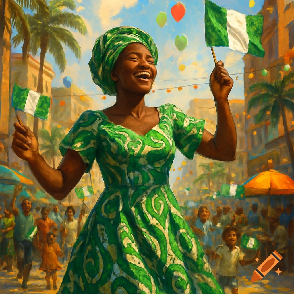 A happy Black woman in a green dress and headwrap, laughing and holding Nigerian flags, celebrating in a painterly street scene with crowds and balloons.