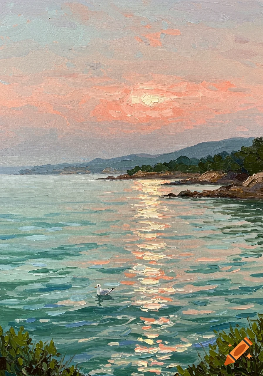 Oil painting of a serene coastal landscape at sunset, with a seagull on the shimmering sea and mountains in the distance.