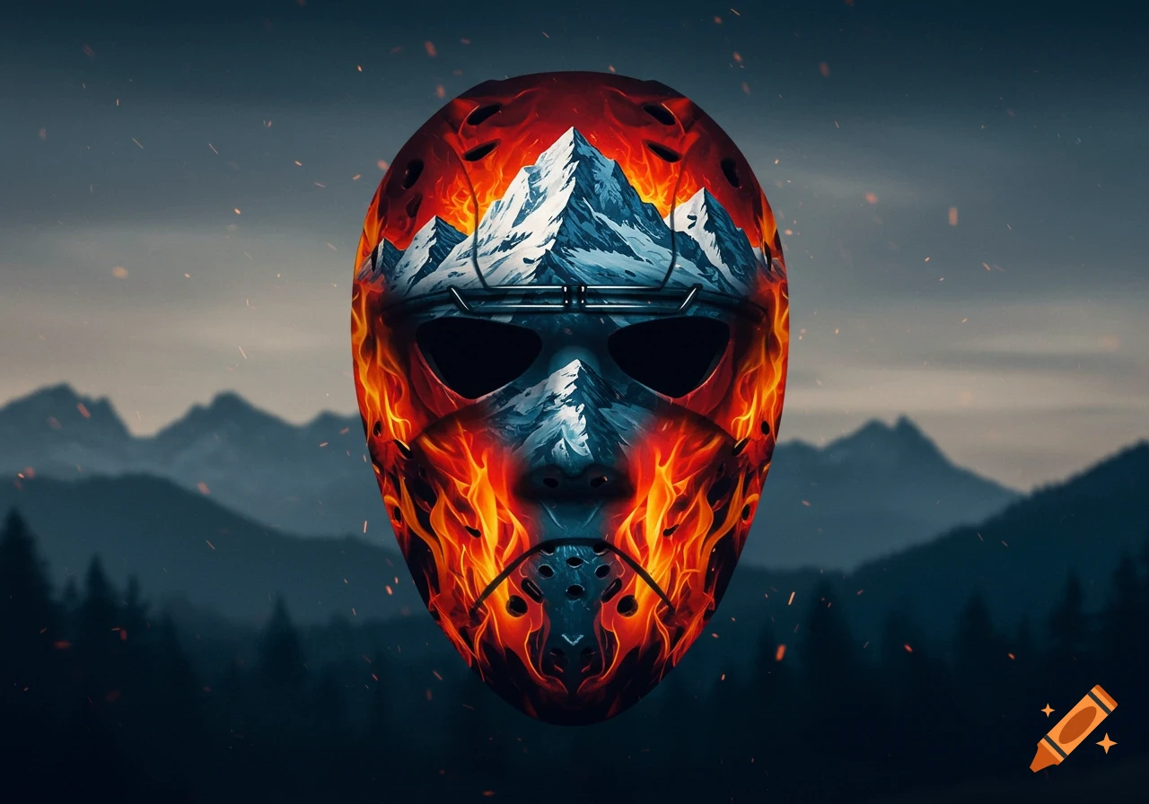 A stylized goalie mask featuring a snowy mountain peak on its forehead, surrounded by vibrant red and orange flames against a dark, foggy mountain backdrop.