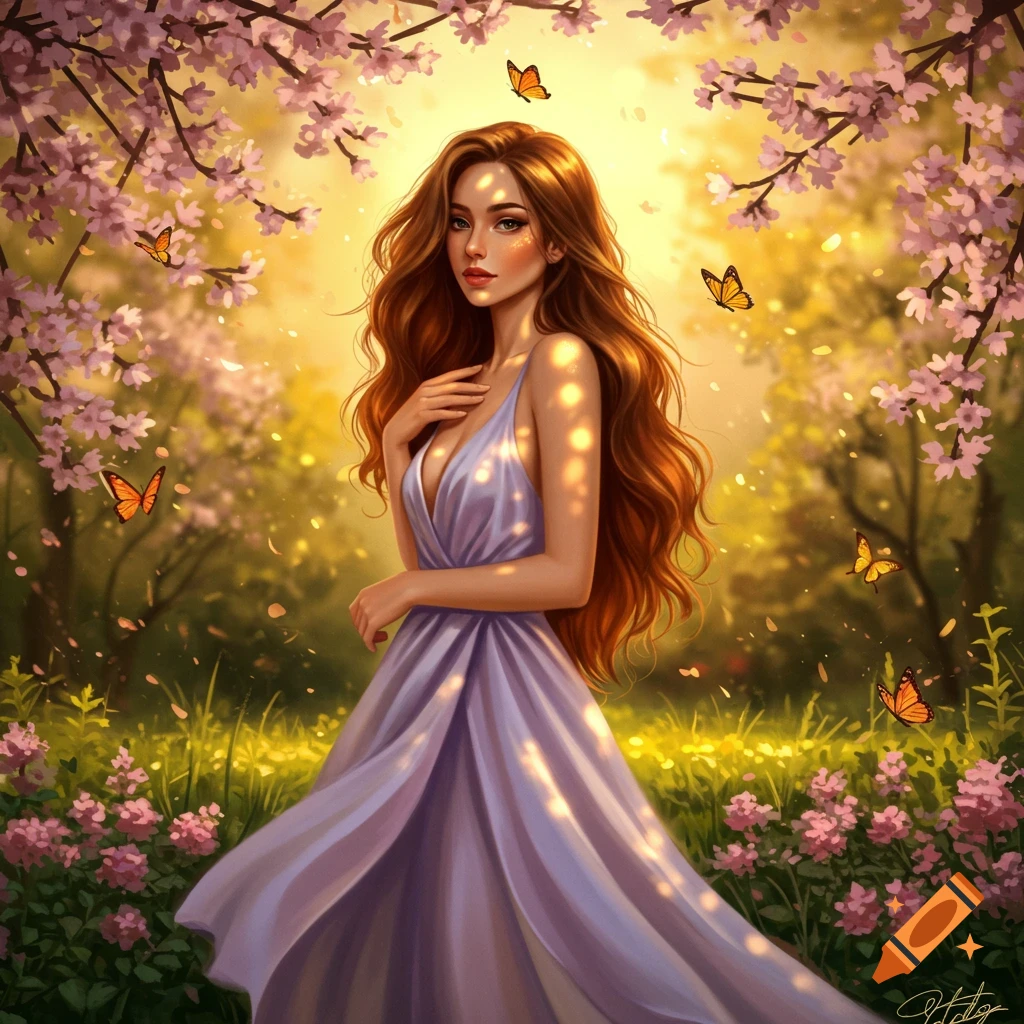 A fantasy illustration of a woman with long red hair in a lavender dress in a sunlit spring garden with cherry blossoms and butterflies.