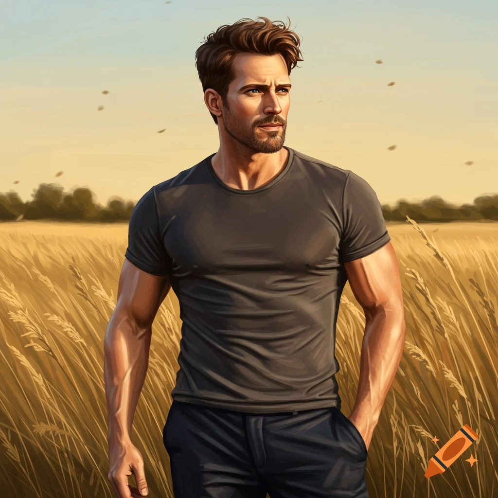 An attractive, athletic man with brown hair and a beard stands in a wheat field under a clear sky. Digital art.