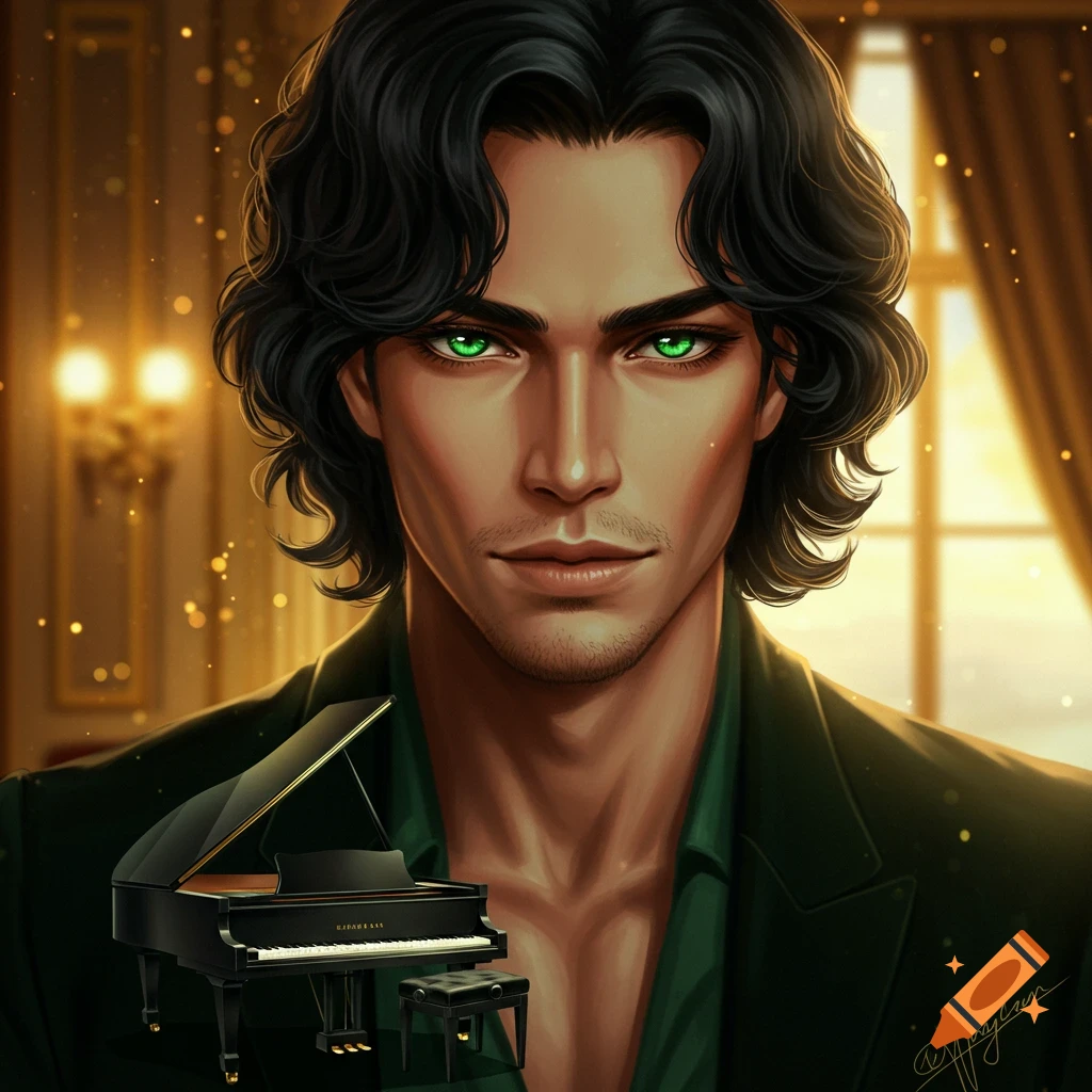A handsome man with dark wavy hair and piercing green eyes gazes forward. A small grand piano is in the foreground, with warm light in the background. Digital art.
