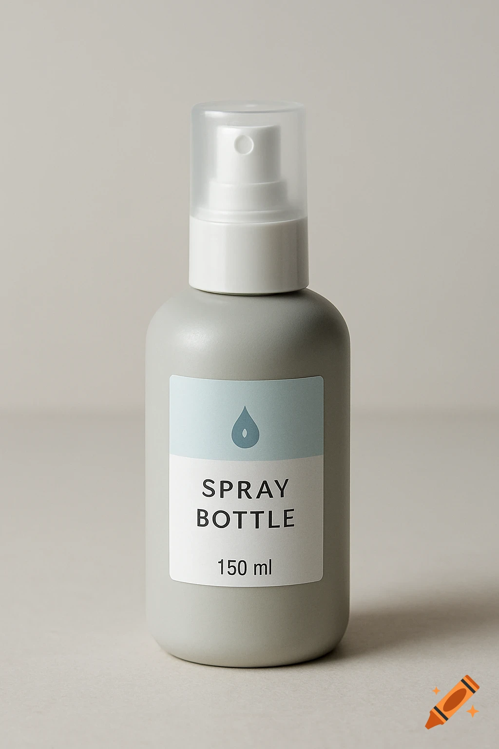 An ultra-realistic photo of a light gray matte plastic spray bottle with a white and blue minimalist label, on a neutral background.