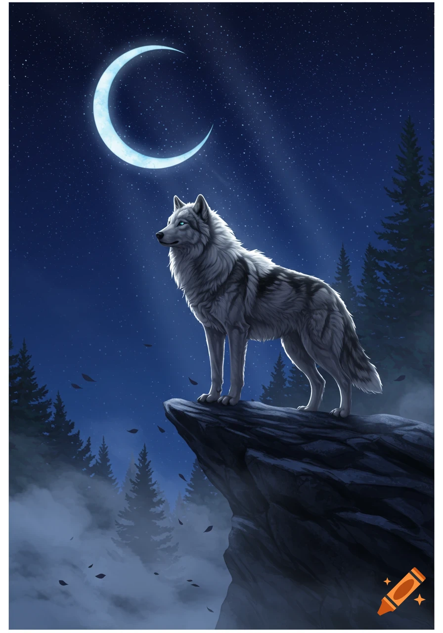 A majestic grey wolf stands on a rocky cliff under a crescent moon and starry night sky, with pine trees and fog.