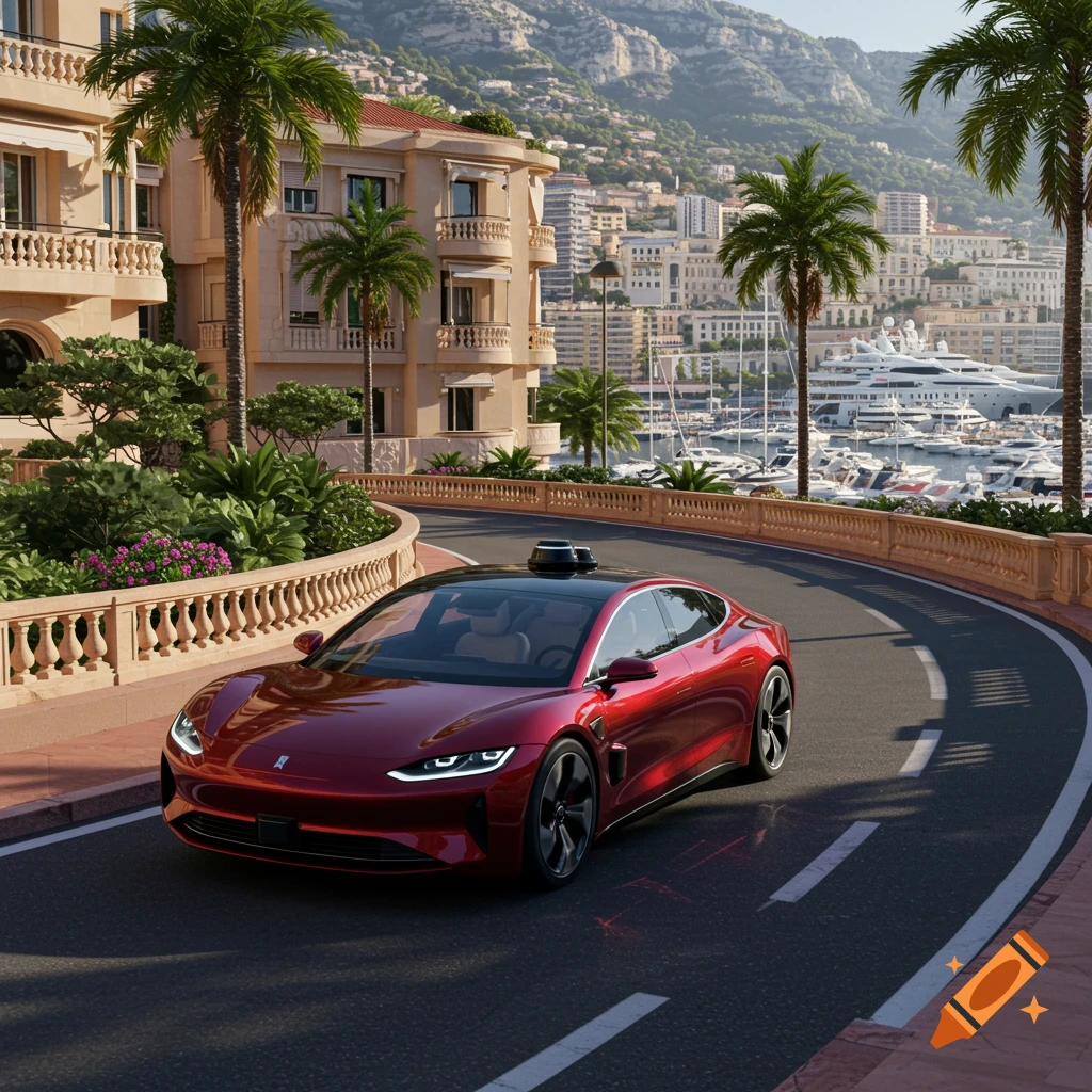 A sleek red autonomous car drives on a winding road overlooking a luxurious marina and hillside city in Monaco. Photorealistic.