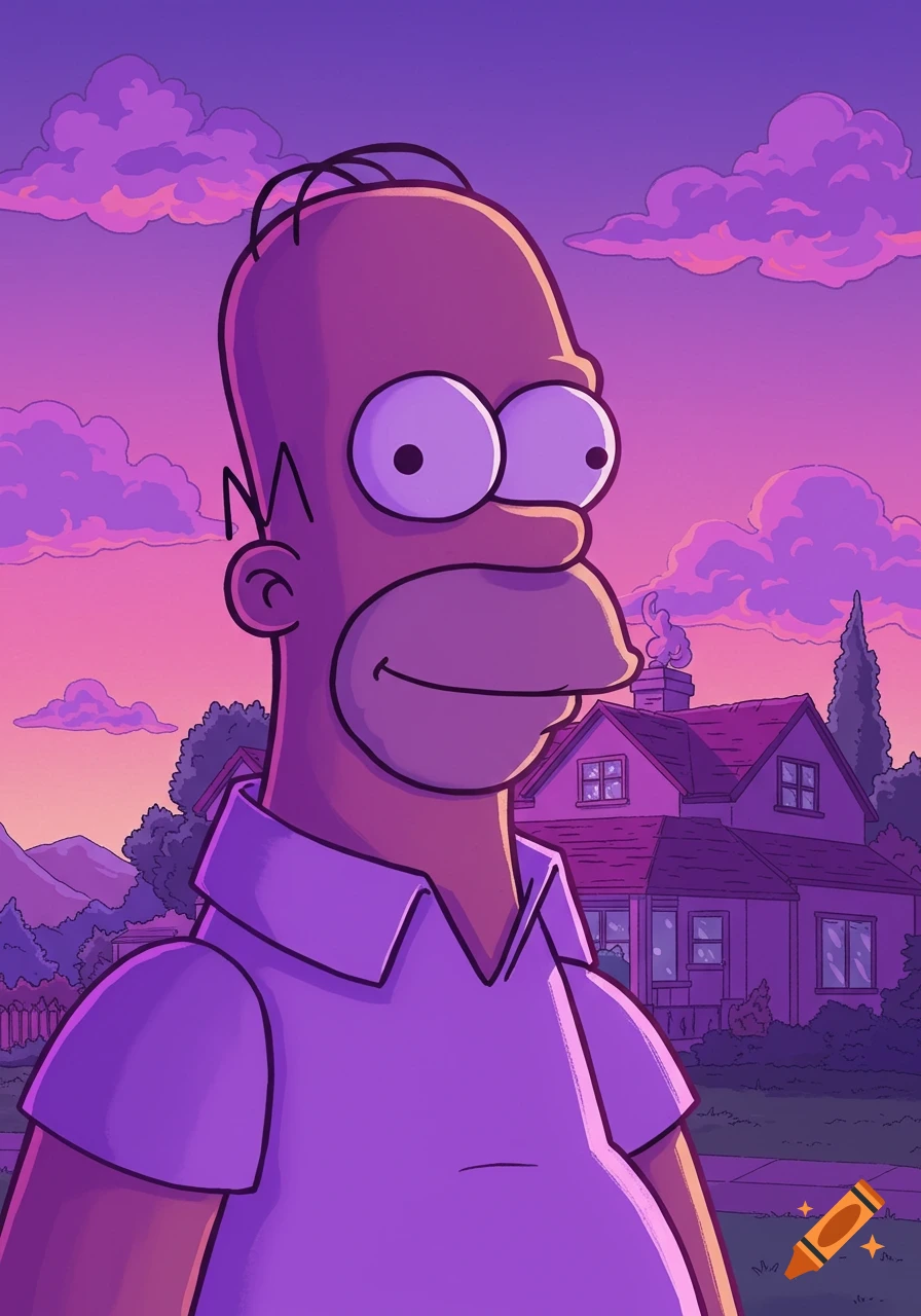 Cartoon portrait of Homer Simpson, rendered in purple hues, standing outside his house under a purple and pink sky.