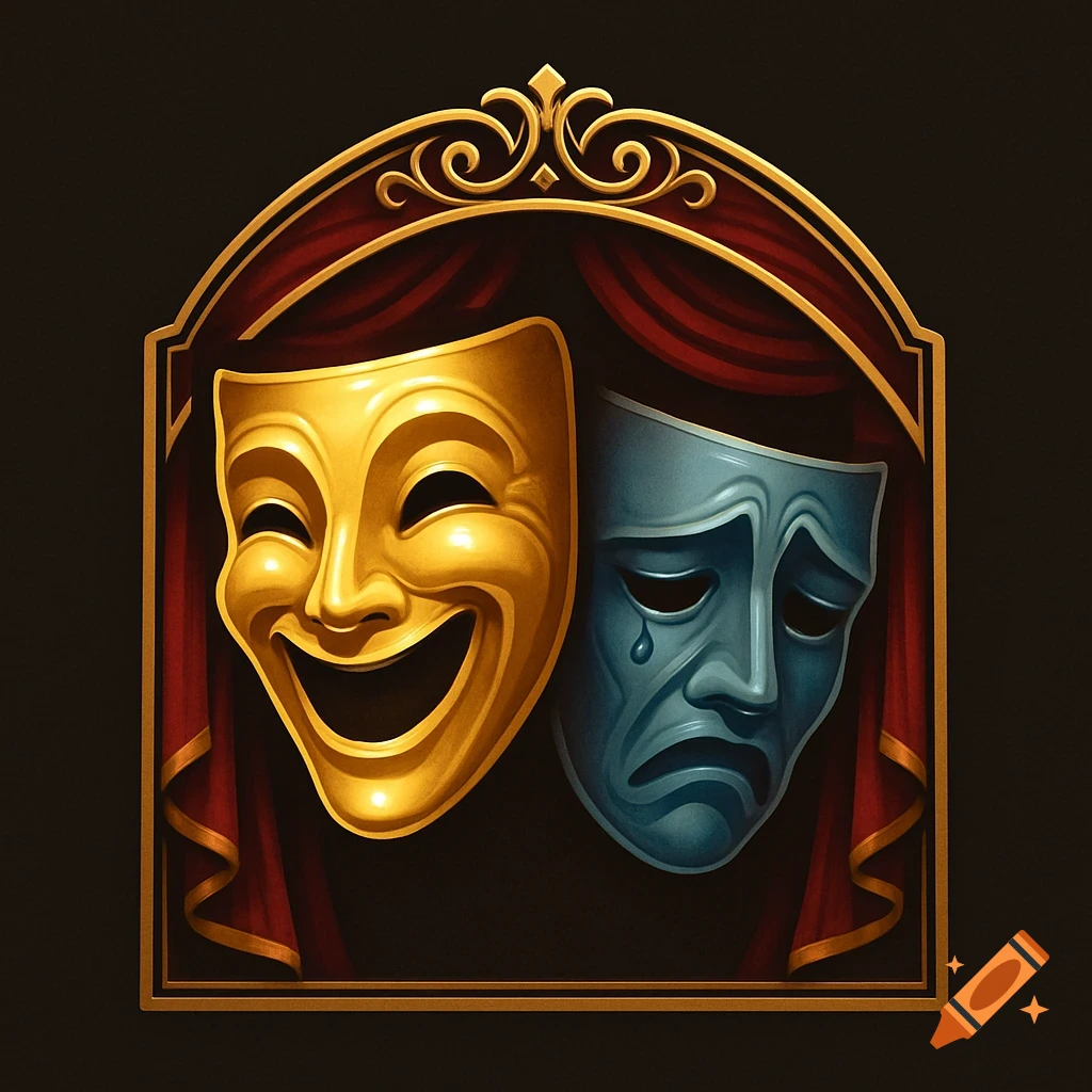 A golden comedy mask and a blue tragedy mask within an ornate, gold-framed arch, set against red curtains on a dark background.