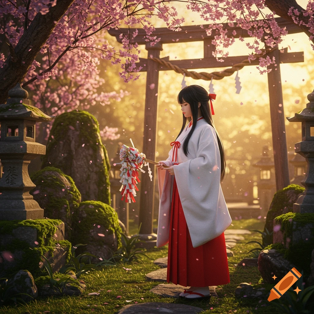 A shrine maiden in traditional Japanese attire holds a gohei in a cherry blossom-filled garden with a torii gate, in an anime art style.