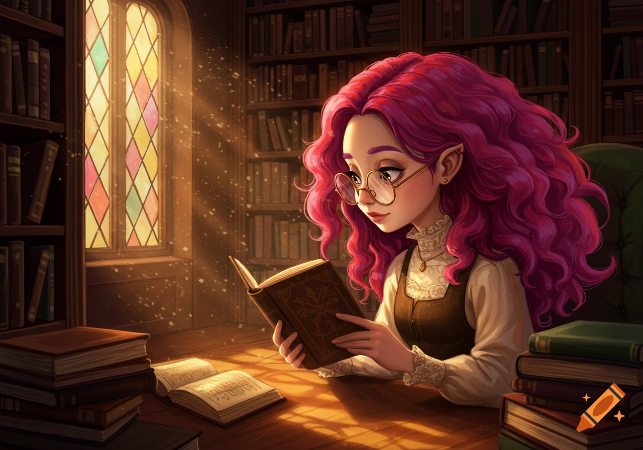 A purple-haired elf-like woman with glasses reads a book at a desk in a sunlit library with stained glass windows.