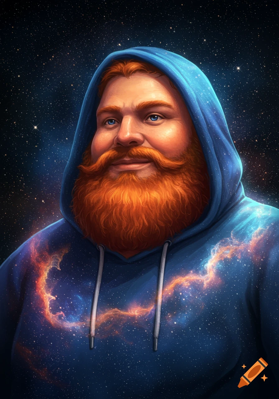 A man with a ginger beard and blue eyes wearing a blue hoodie adorned with nebulae, set against a starry cosmic background.