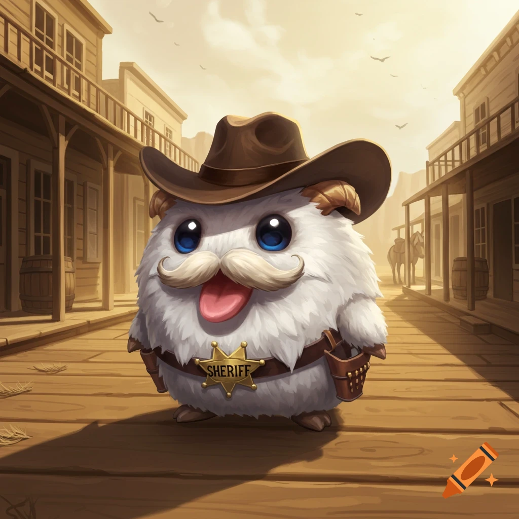 A cute, fluffy Poro from League of Legends dressed as a sheriff with a mustache and a badge, standing on a wooden boardwalk in a Western town.