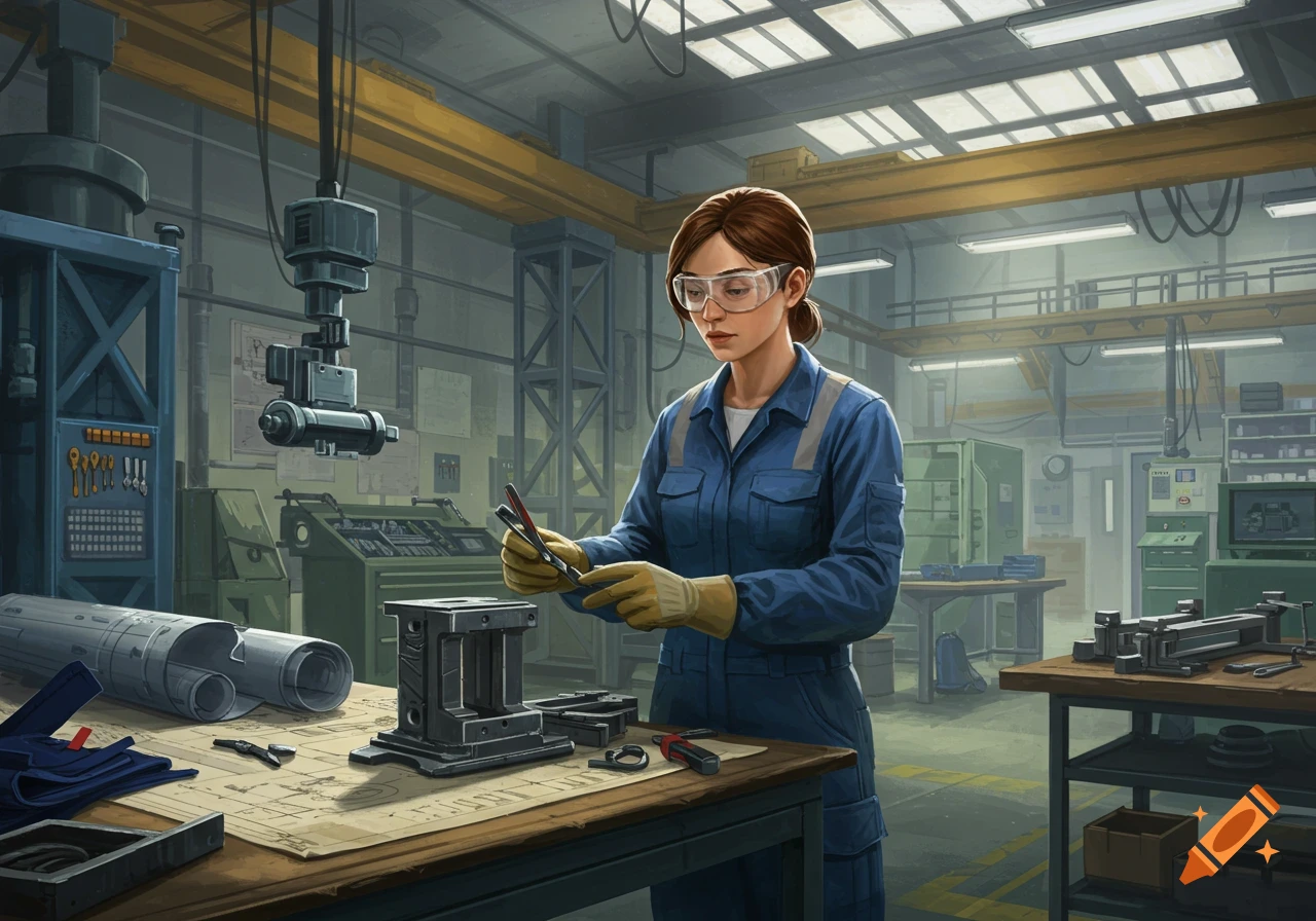 A focused woman in a blue jumpsuit and safety glasses works on a metal component at a workbench in a factory setting.