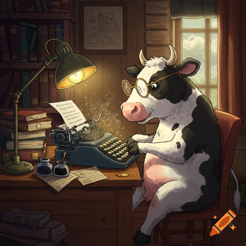 A cartoon cow wearing glasses sits at a wooden desk, typing on a vintage typewriter. Bookshelves, a lamp, and ink bottles are around it. Stylized art.