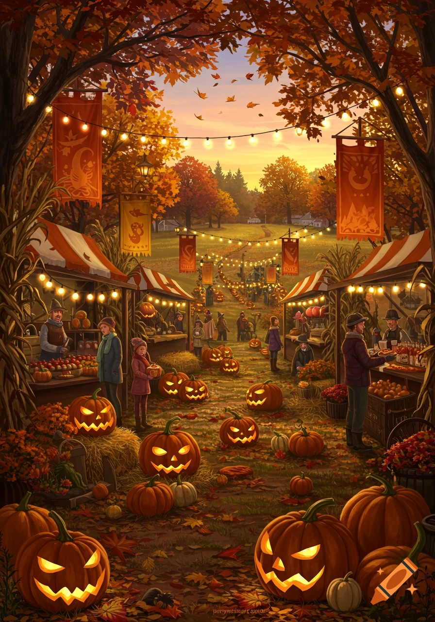 A vibrant illustration of a bustling fall festival with numerous glowing jack-o'-lanterns, market stalls, and people under autumn trees.