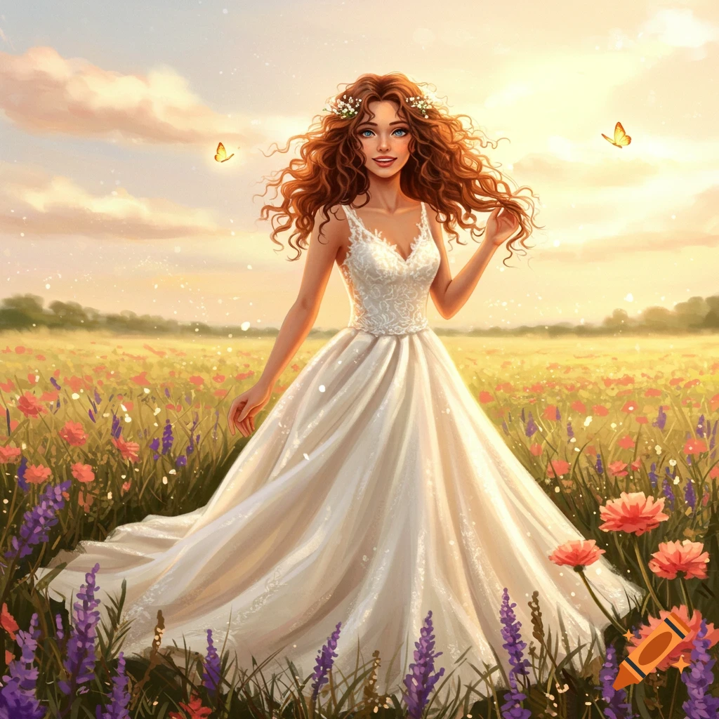 A smiling bride with long curly red hair in a white wedding dress stands in a colorful flower field at sunset, illustrated.