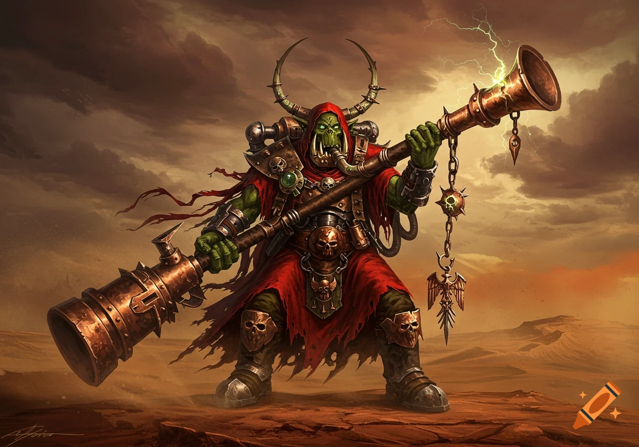 Detailed artwork of a Warhammer 40k Ork wierdboy in red robes, holding a large copper pipe staff on a dusty planet.