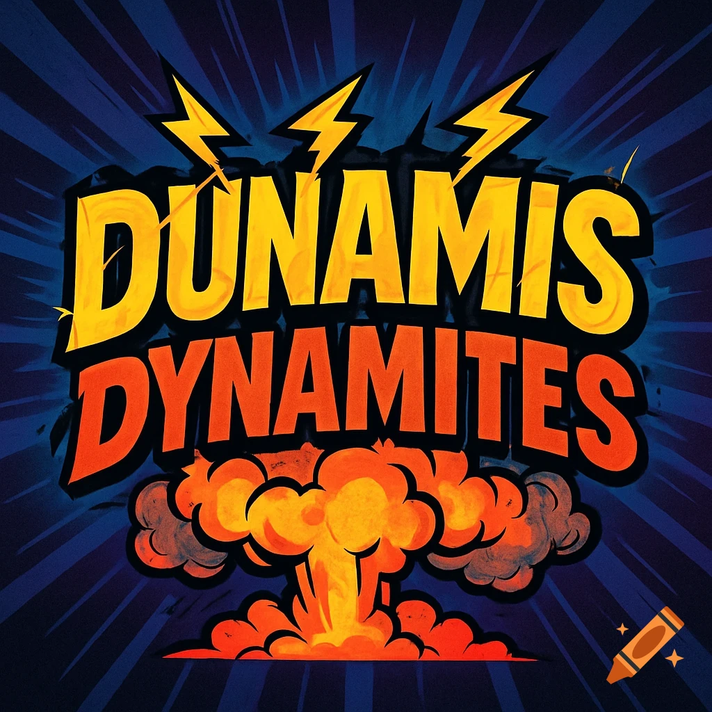 Comic book style logo for "DUNAMIS DYNAMITES" with yellow text, orange text, lightning bolts, and an explosion against a blue background.