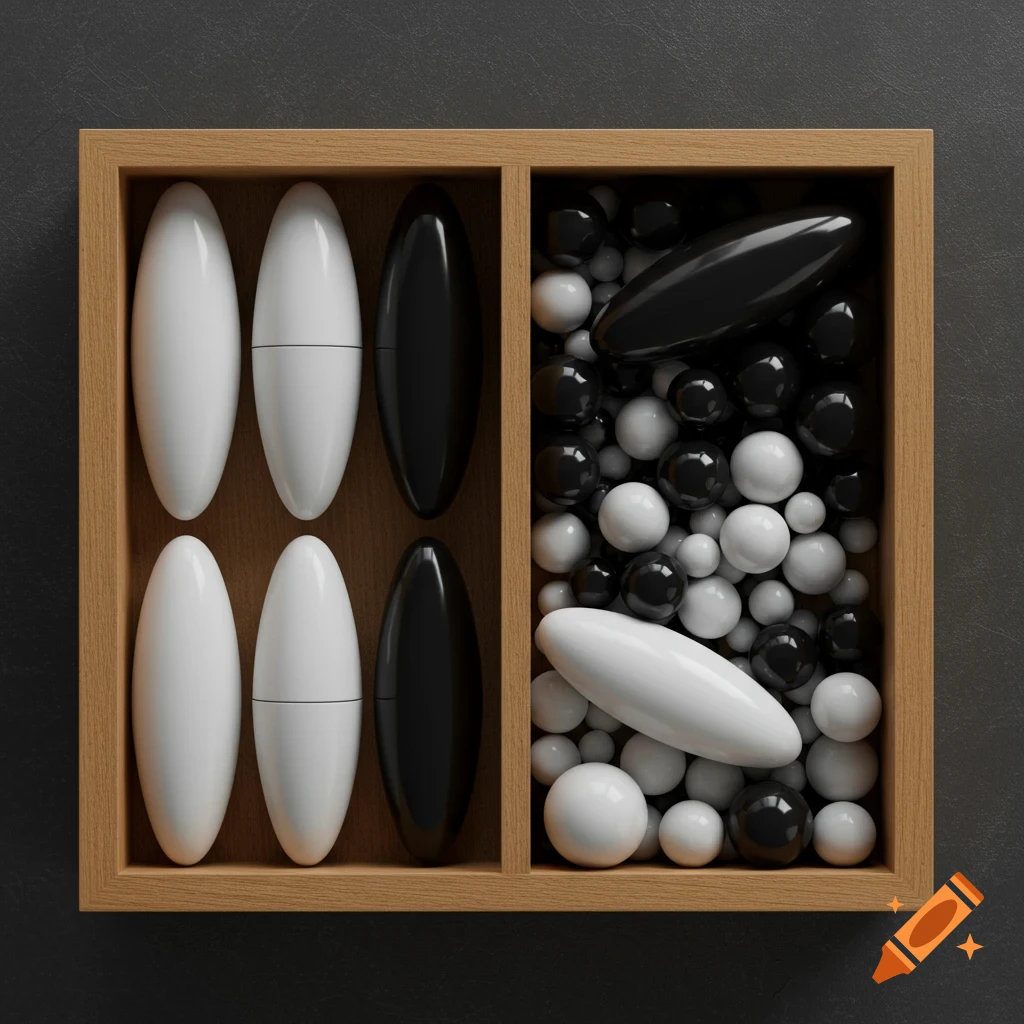 Overhead view of a wooden box with two compartments: one holding four white and two black ovoid shapes, the other filled with white and black spheres and a few ovoids.