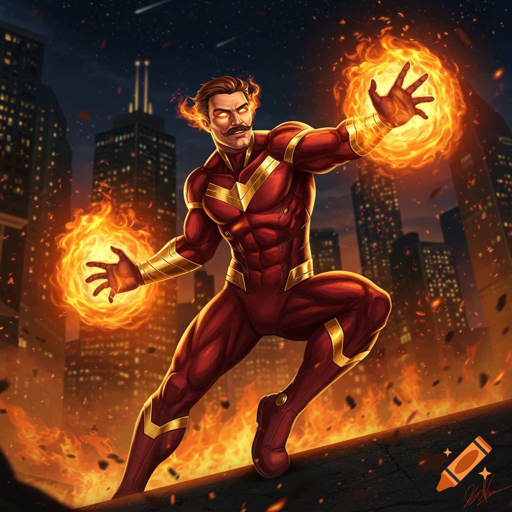 A powerful superhero with a mustache in a red and gold suit wields fireballs, standing on a rooftop overlooking a city at night. Comic art style.