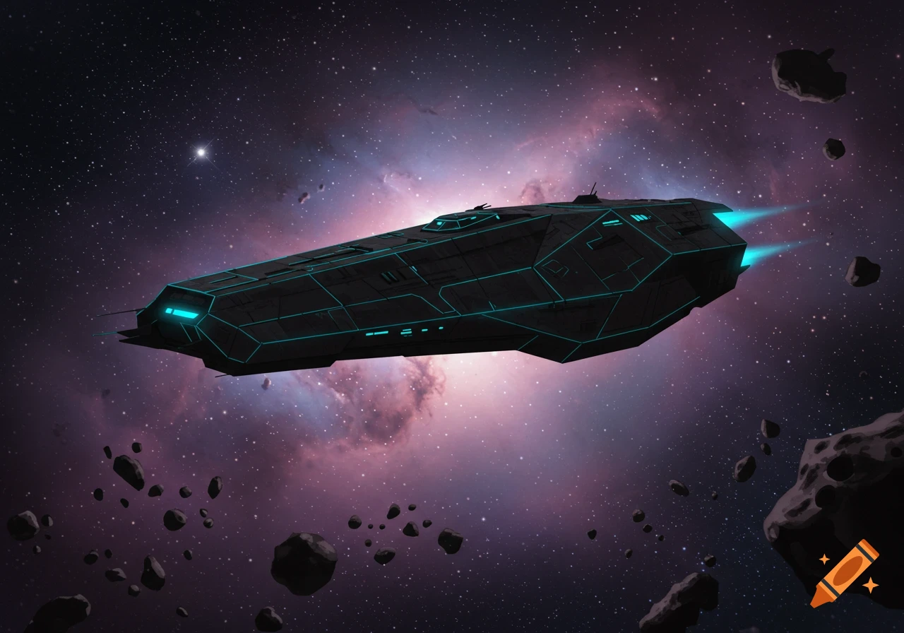 A sleek, dark grey spaceship with teal glowing accents flies through deep space, surrounded by asteroids and a vibrant nebula.