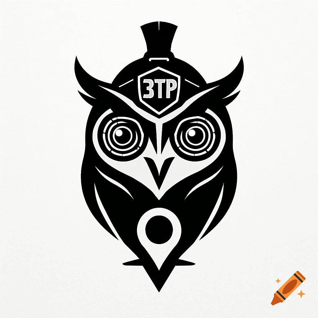Monochrome owl logo wearing a Spartan helmet with '3TP' badge, camera lens eyes, and a location symbol below.