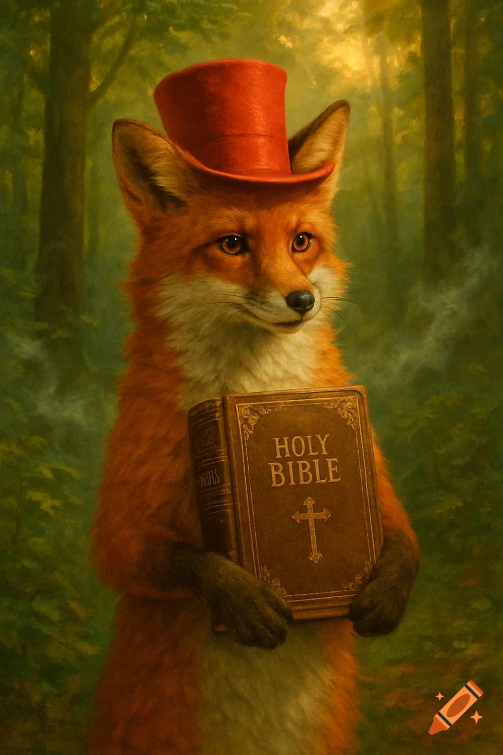 A painterly image of a fox wearing a red top hat and holding a brown book titled 'HOLY BIBLE' in a sunlit forest.