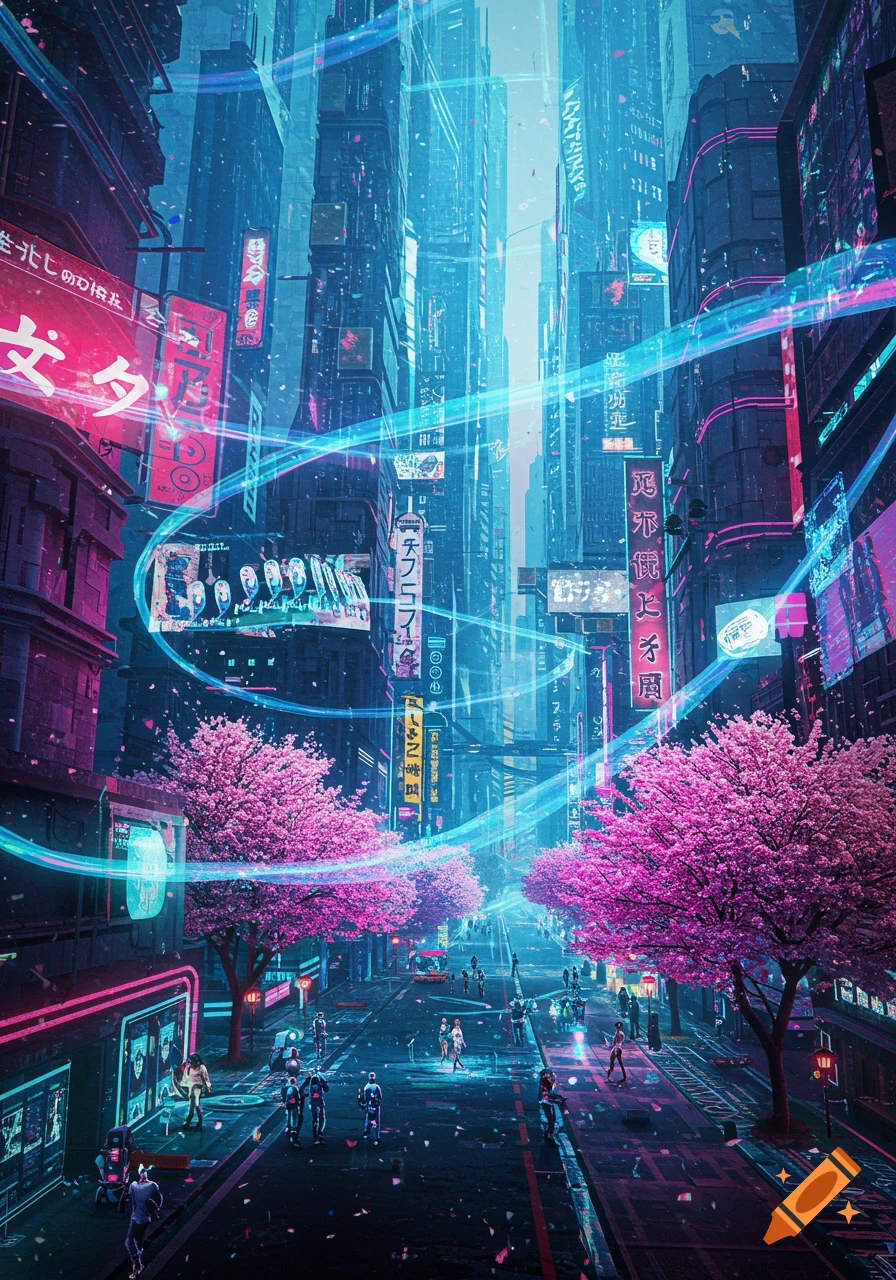 A vibrant cyberpunk cityscape at night, with towering skyscrapers, neon signs, glowing light trails, and pink cherry blossom trees lining a busy street with pedestrians.