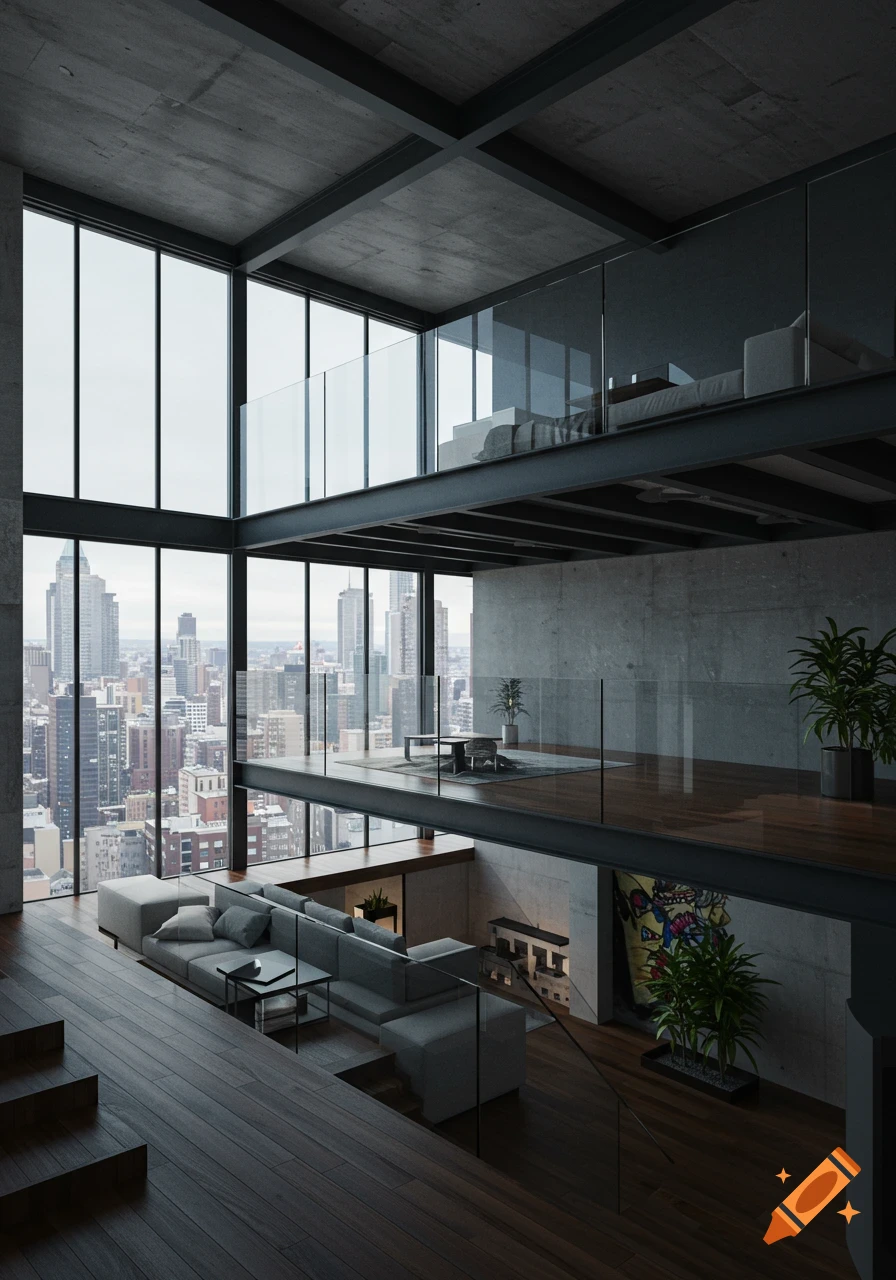 Photorealistic render of a modern, multi-level loft apartment with high ceilings, glass mezzanine, living areas, and a city skyline view.