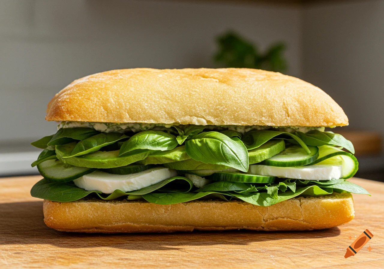 A photorealistic green goddess sandwich on ciabatta with fresh basil, cucumber, avocado, and mozzarella.