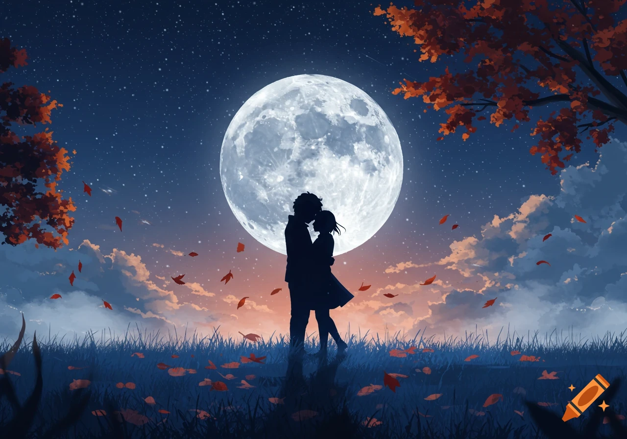 Anime illustration of a couple embracing under a large full moon in a starry night sky with autumn leaves falling.