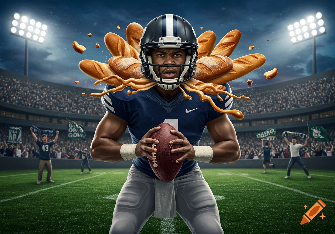 Photorealistic image of an American football quarterback on a field, holding a ball. Baguettes and a liquid substance explode from behind his helmet. Fans fill the stadium in the background.