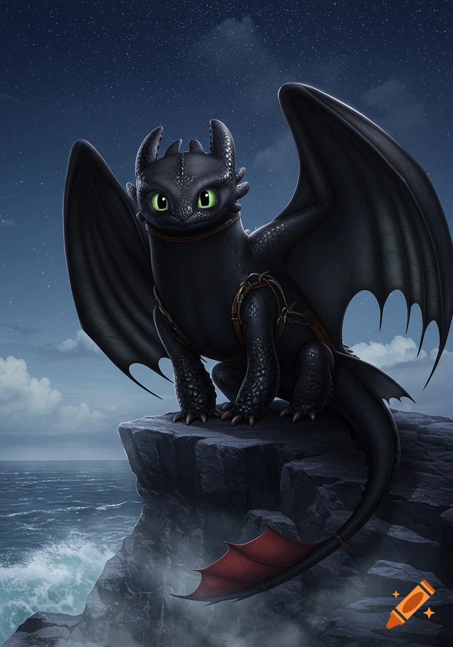 Black dragon Toothless sits on a rocky cliff overlooking a stormy ocean under a starry night sky.
