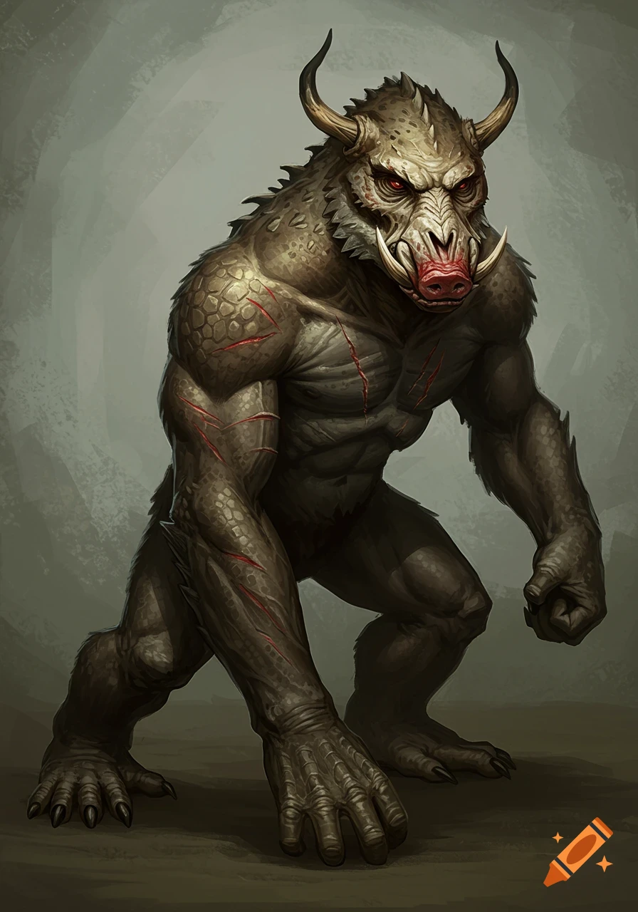 A muscular fantasy creature with a boar-like head, tusks, red eyes, scarred scaled skin, and reptilian legs. Digital painting.