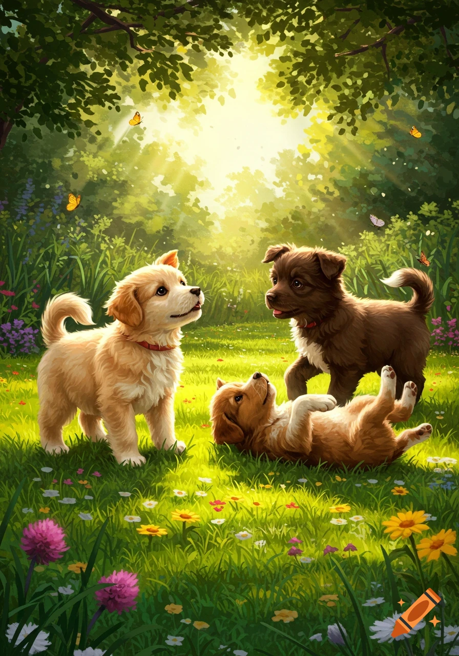 Illustrated image of three puppies playing in a sunny, vibrant grassy field with flowers and butterflies.