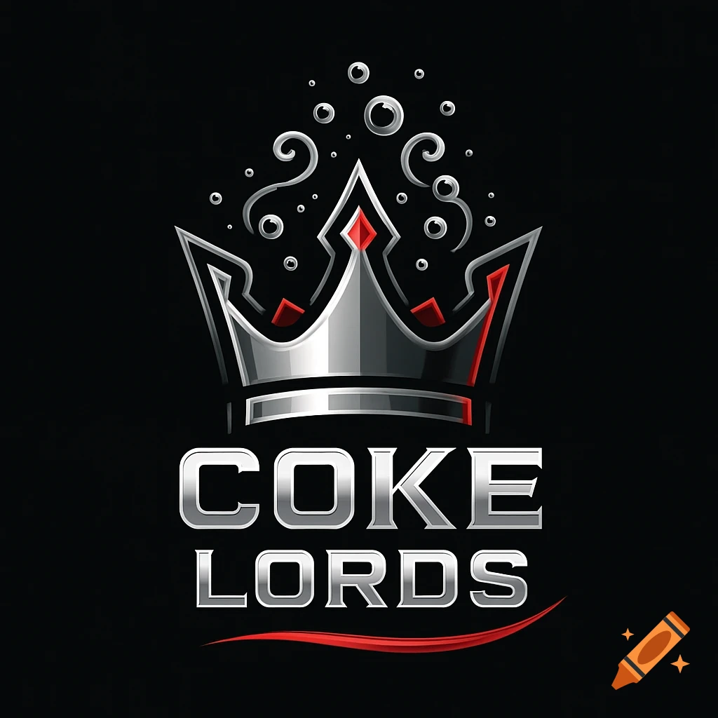 Stylized silver and red crown logo with bubbles and metallic text 'COKE LORDS' on a black background.