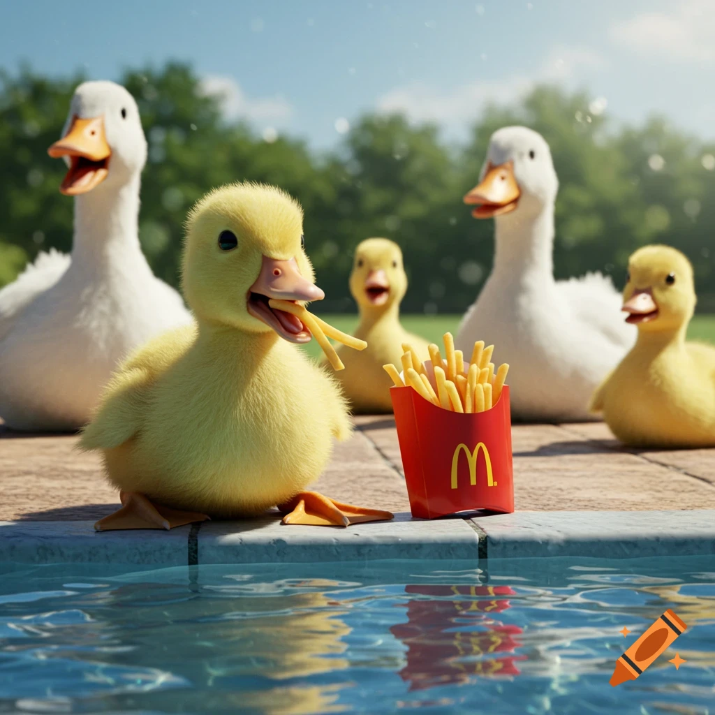 A cute yellow duckling eats McDonald's fries by a pool, with other ducks in the background, photorealistic style.
