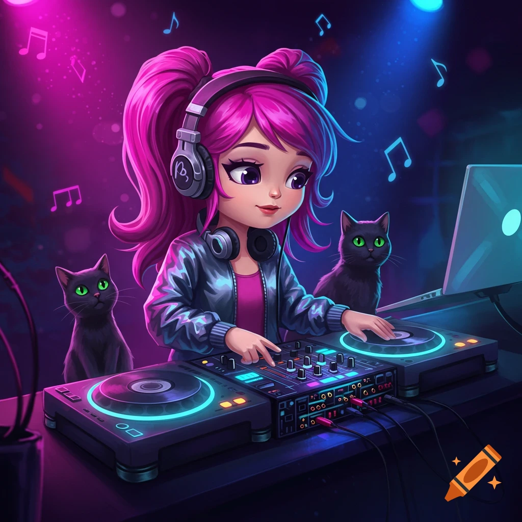 A vibrant cartoon of a girl DJ with pink hair and headphones, mixing music with two black cats beside her, under neon lights.