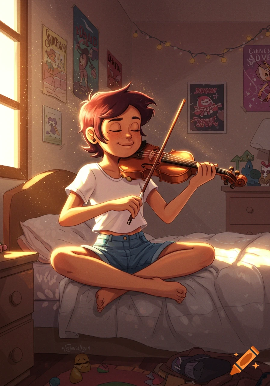 Luz Noceda sits cross-legged on her bed, playing the violin in a sunlit room, in an anime art style.
