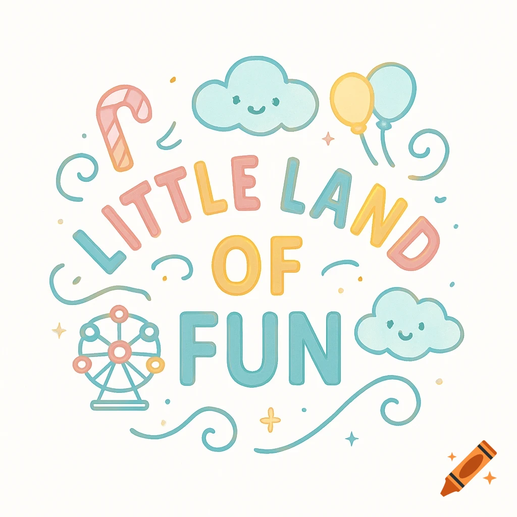 A cute, pastel-colored logo with the text 'LITTLE LAND OF FUN', featuring clouds, balloons, a candy cane, and a Ferris wheel on a white background.