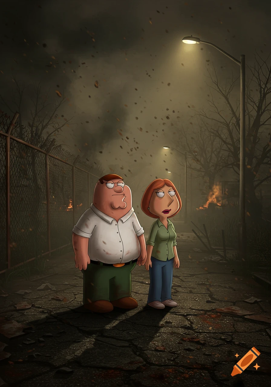 Peter and Lois Griffin stand on a cracked road in a dark, smoky, post-apocalyptic landscape with streetlights, bare trees, and distant fires.