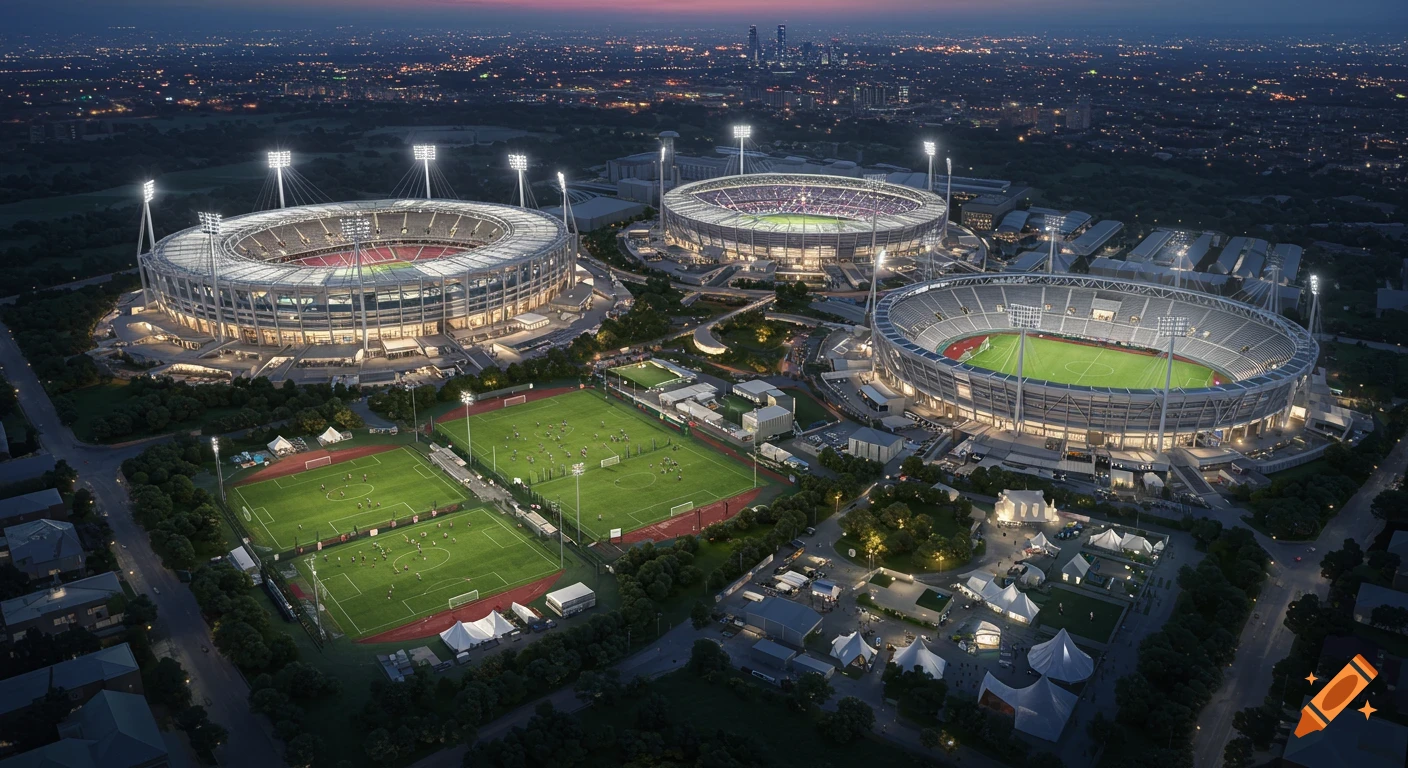 Aerial view of a vast, illuminated sports complex at dusk, featuring three large stadiums, numerous training fields, and city lights in the background.