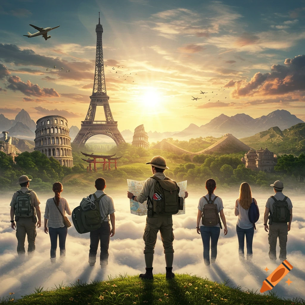Travelers overlook a fantastical landscape featuring the Eiffel Tower, Colosseum, and Great Wall under a sunset sky, with an airplane flying overhead.