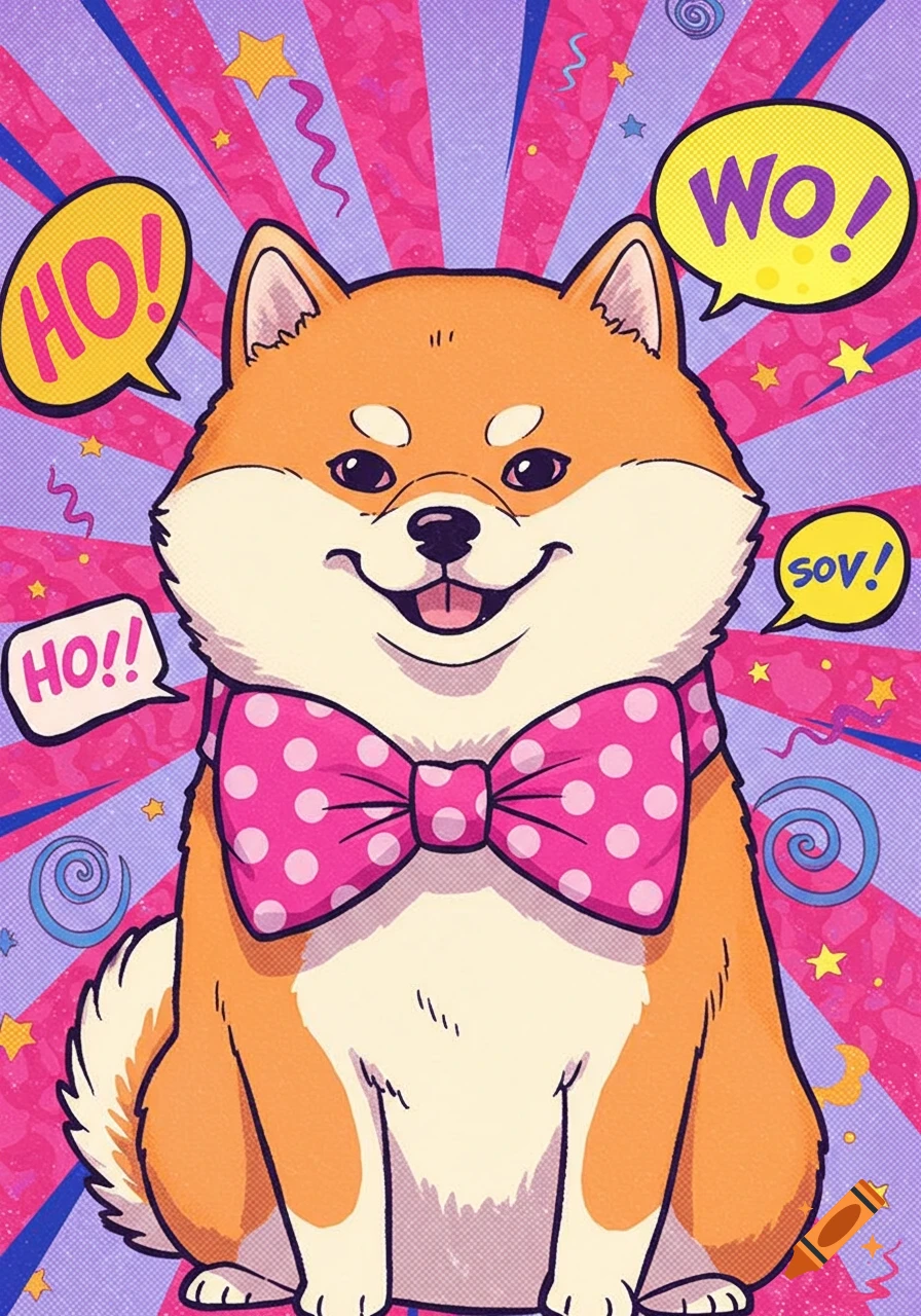 Cartoon Shiba Inu dog wearing a pink polka-dot bow tie, with pop art speech bubbles 'HO!', 'WO!', and 'sov!' on a vibrant background.