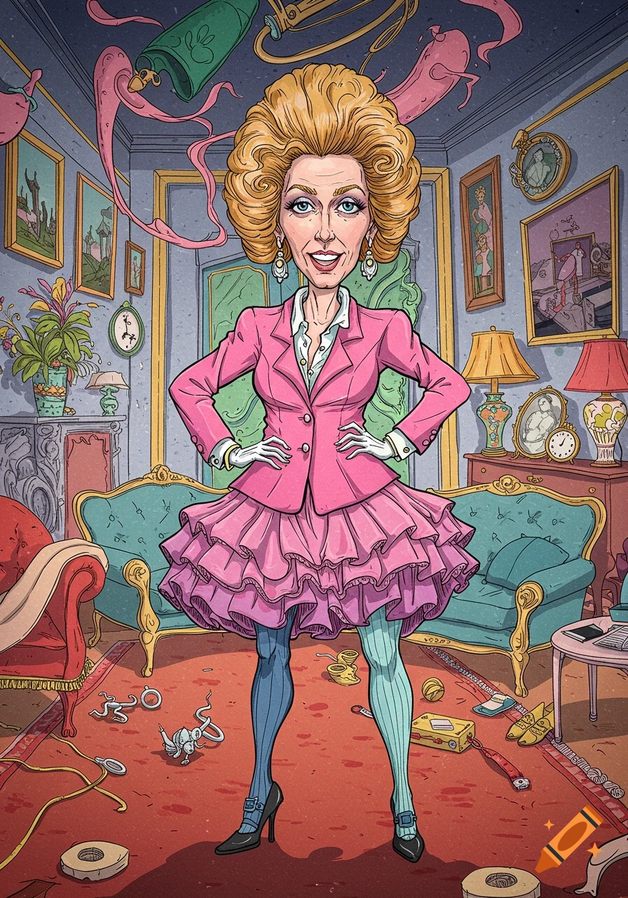 Vibrant cartoon caricature of a woman in a pink suit jacket, ruffled skirt, and mismatched striped tights, standing in a cluttered, surreal room.