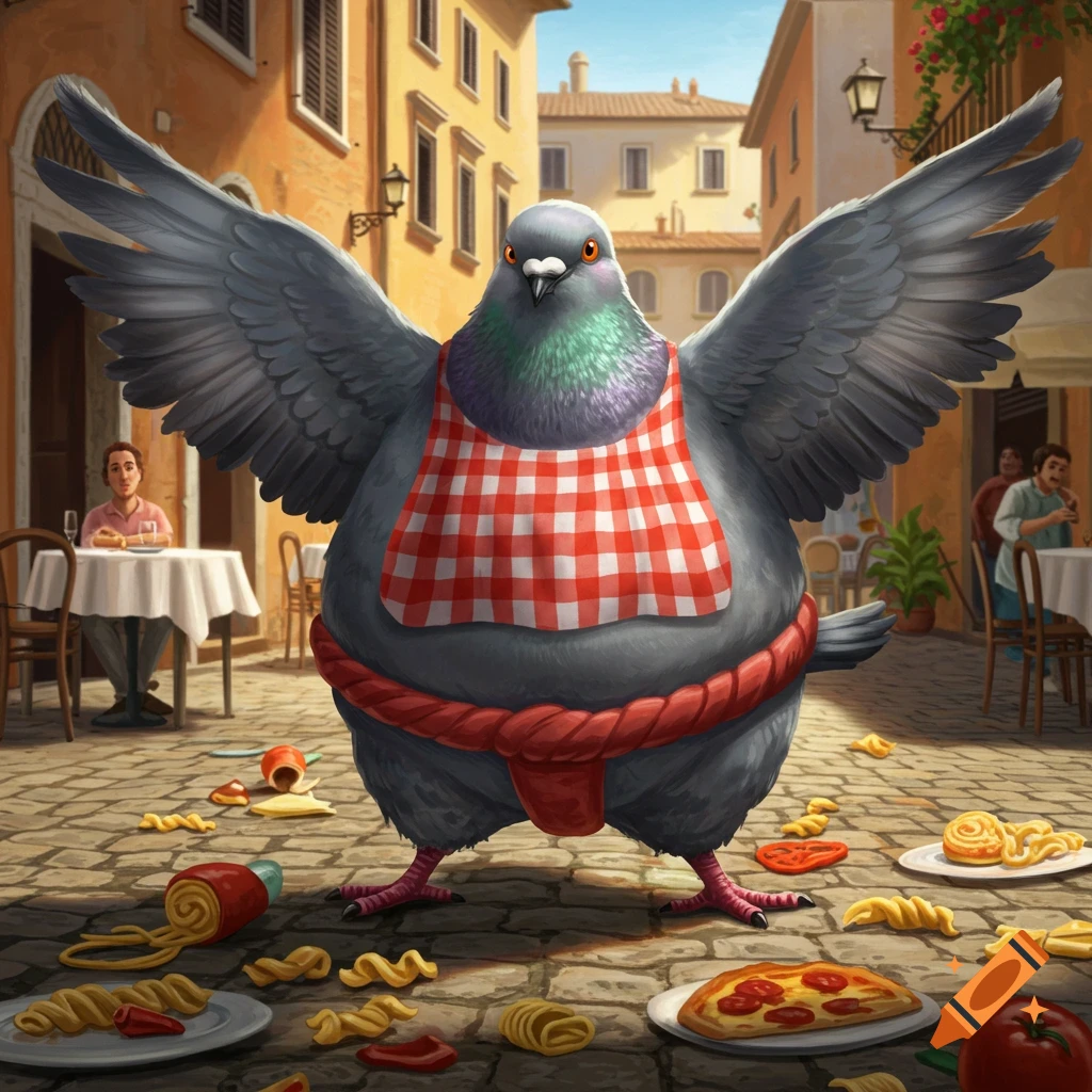 A fat sumo pigeon in a checkered apron and mawashi stands in an Italian street with pasta and pizza scattered around.