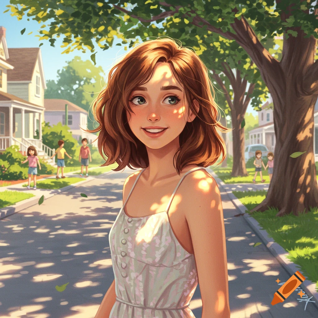 A smiling young woman with brown hair and a white dress stands on a sun-dappled suburban street, with children playing in the background, in a cheerful illustration.