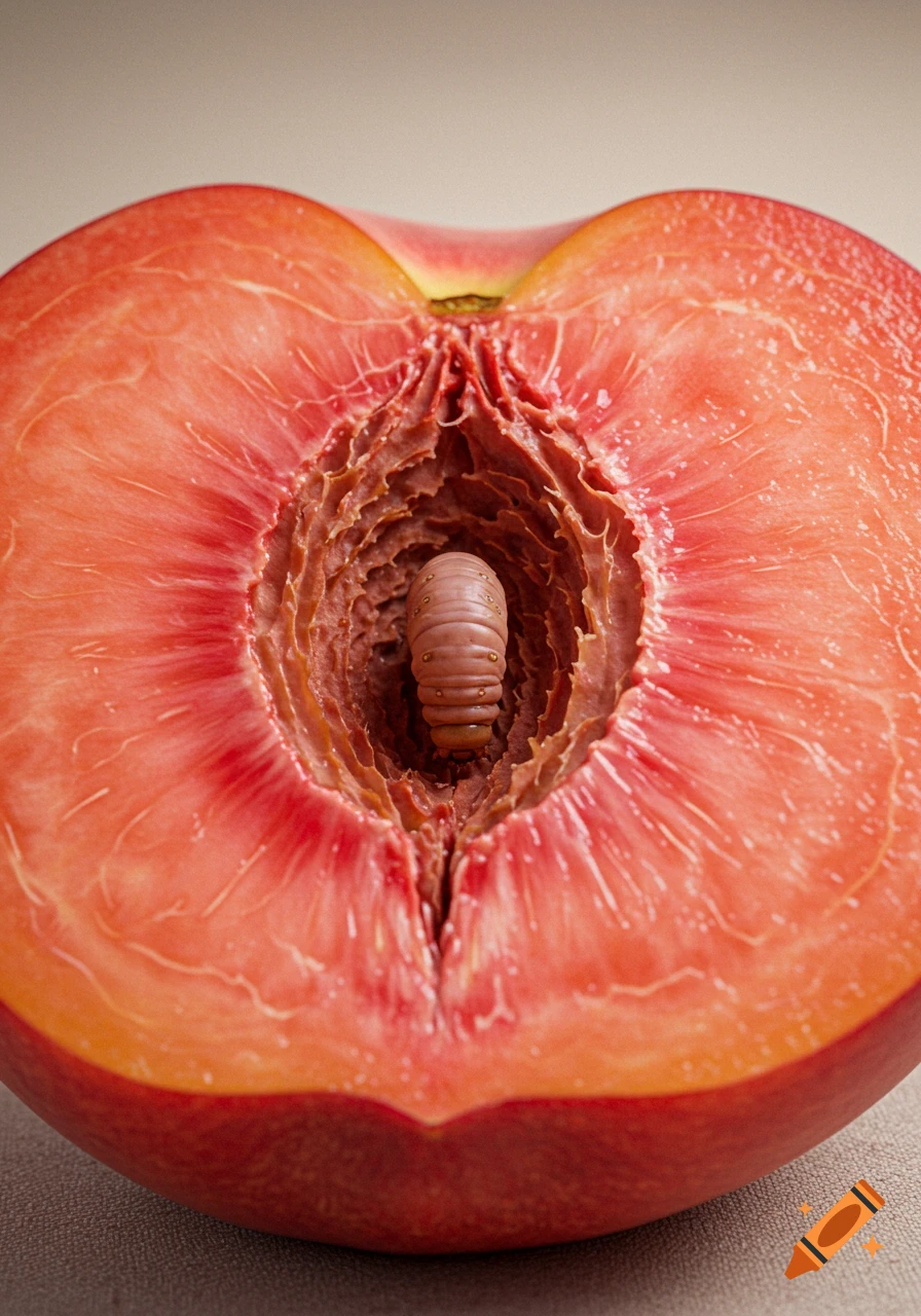 Photorealistic macro shot of a cut flat peach with a pale grub emerging from its pit.