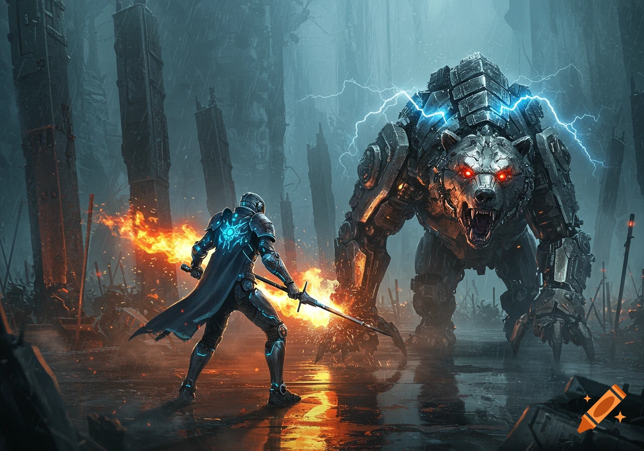 A futuristic knight in glowing armor battles a giant mechanical grizzly bear with lightning in a dark, ruined city.